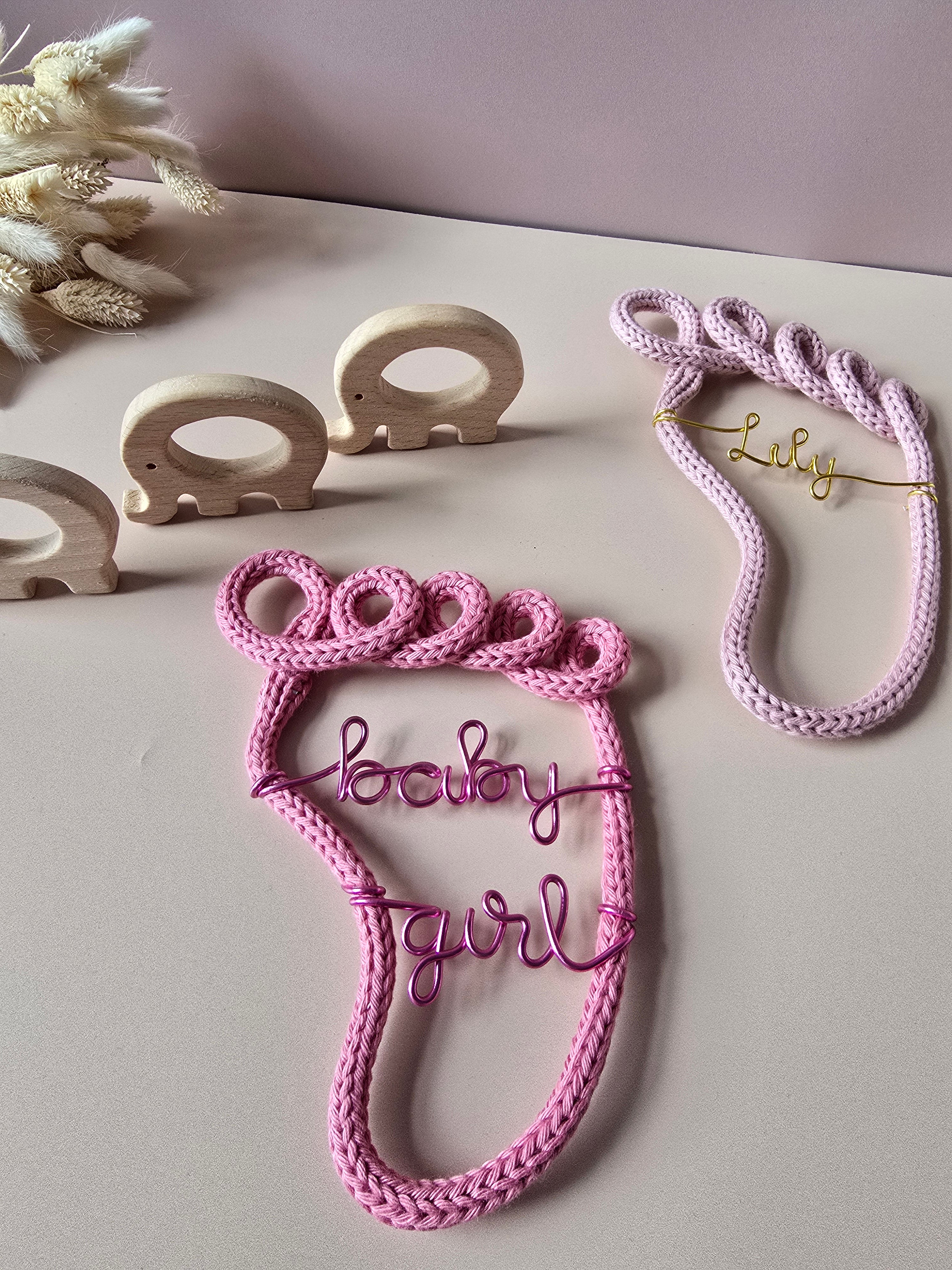 Personalised knitted wire baby footprint sign with baby name wording