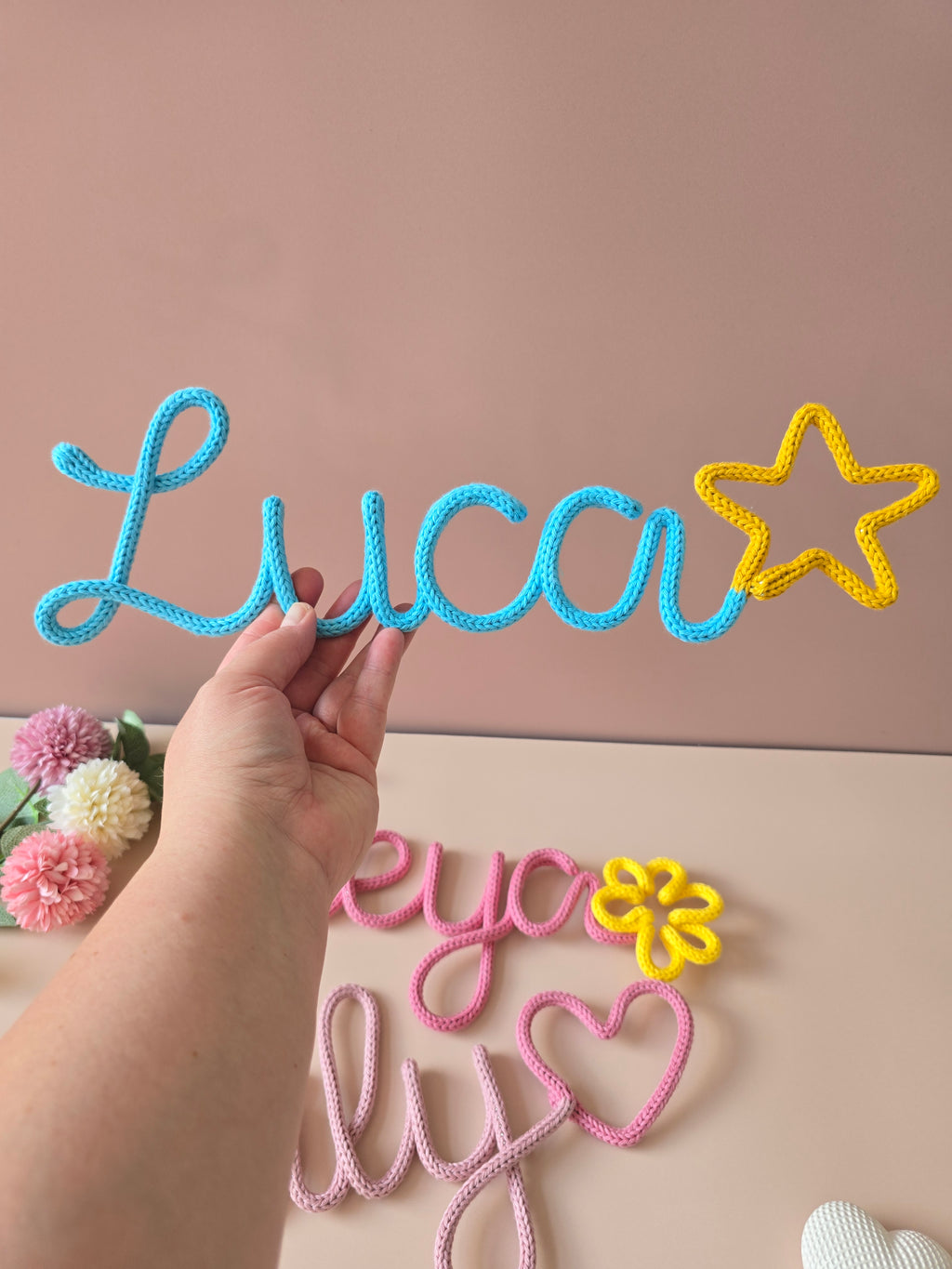 Personalised Knitted Wire Name Sign with Shape Ending