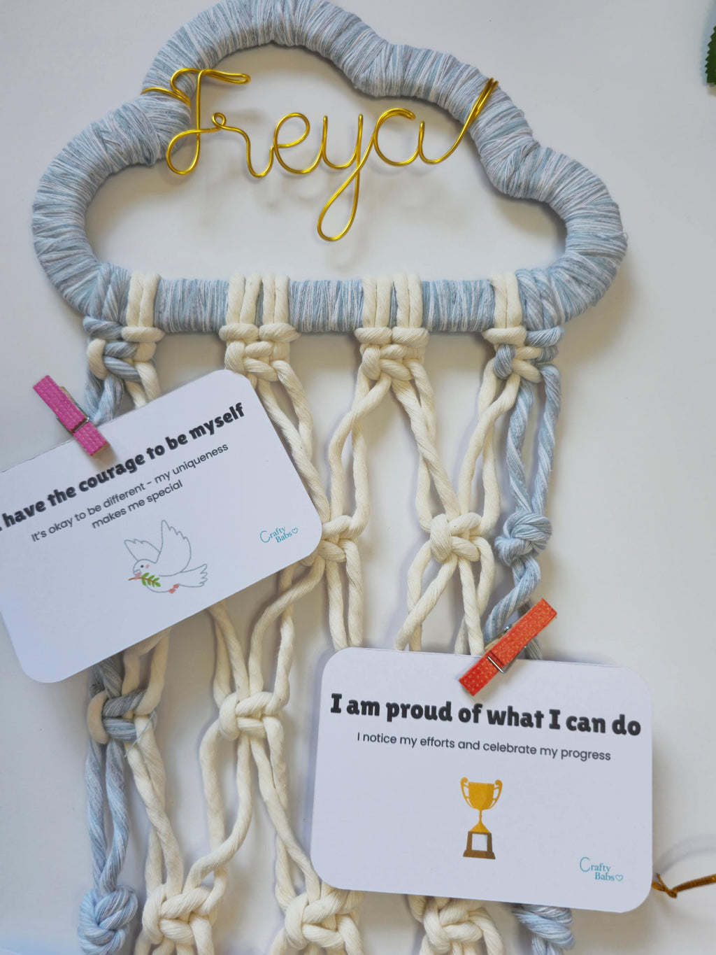 Cloud affirmation wall hanging with personalised wire name for a child’s bedroom