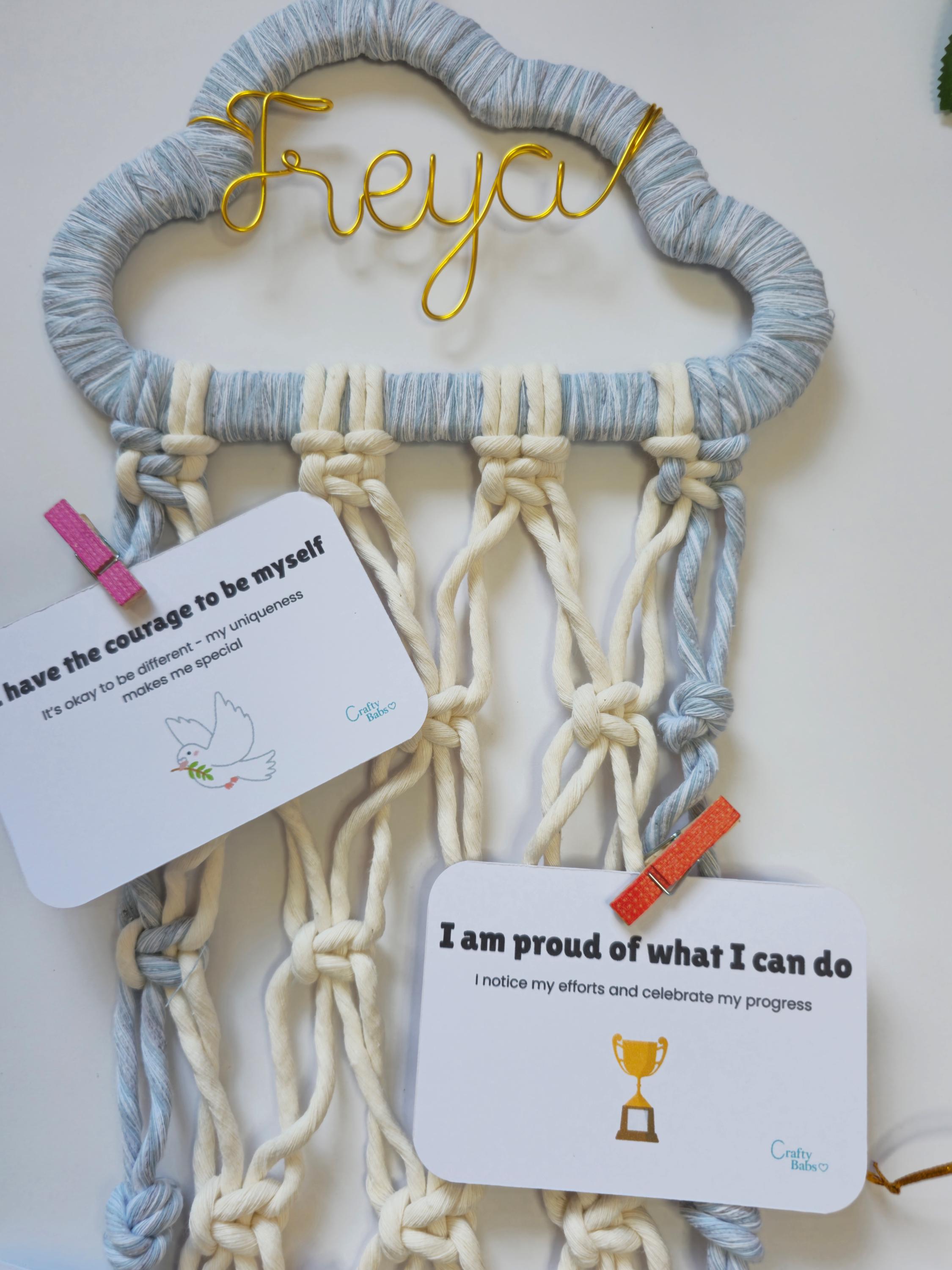 Cloud affirmation wall hanging with personalised wire name for a child’s bedroom