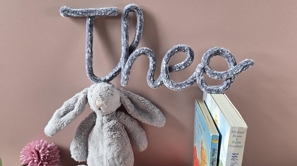 Decorative name sign with 'Theo', plush toy, and books on a pink surface