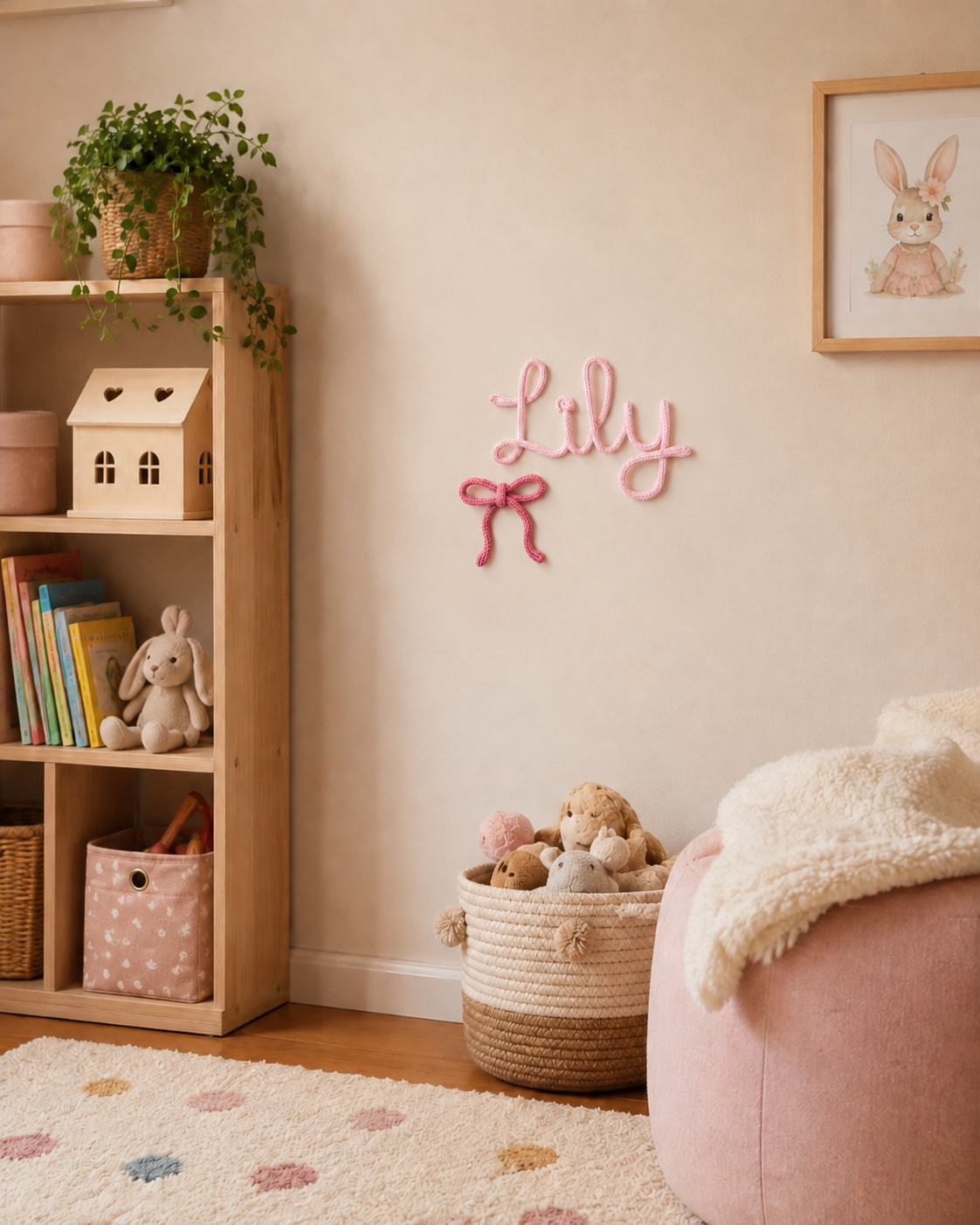 Children's room with wooden bookshelf, toys, and a wall decoration with the name 'Lily'.