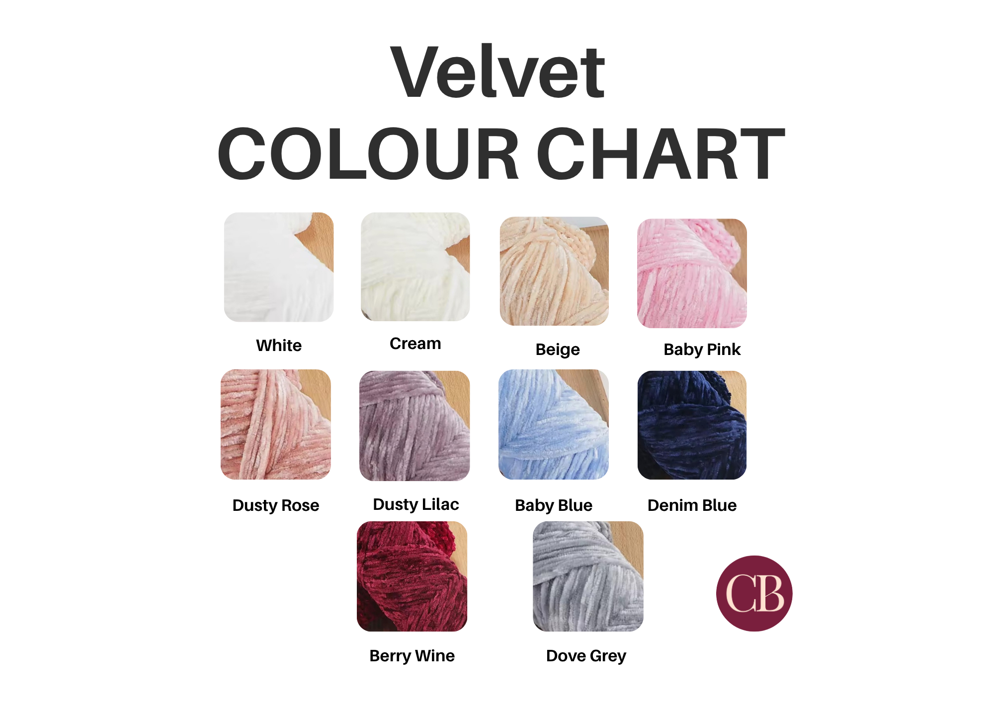 Velvet color chart with various color swatches and labels on a white background.