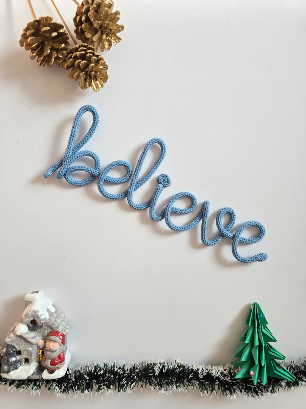 BELIEVE Knitted Wire Christmas Sign