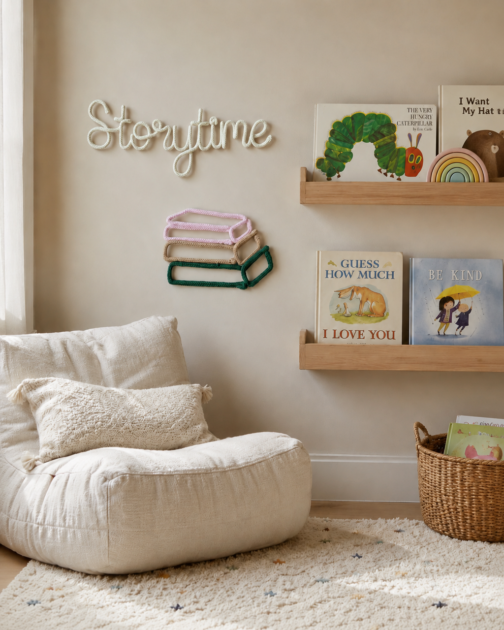 Knitted wire book stack walldecor styled in a cosy reading corner