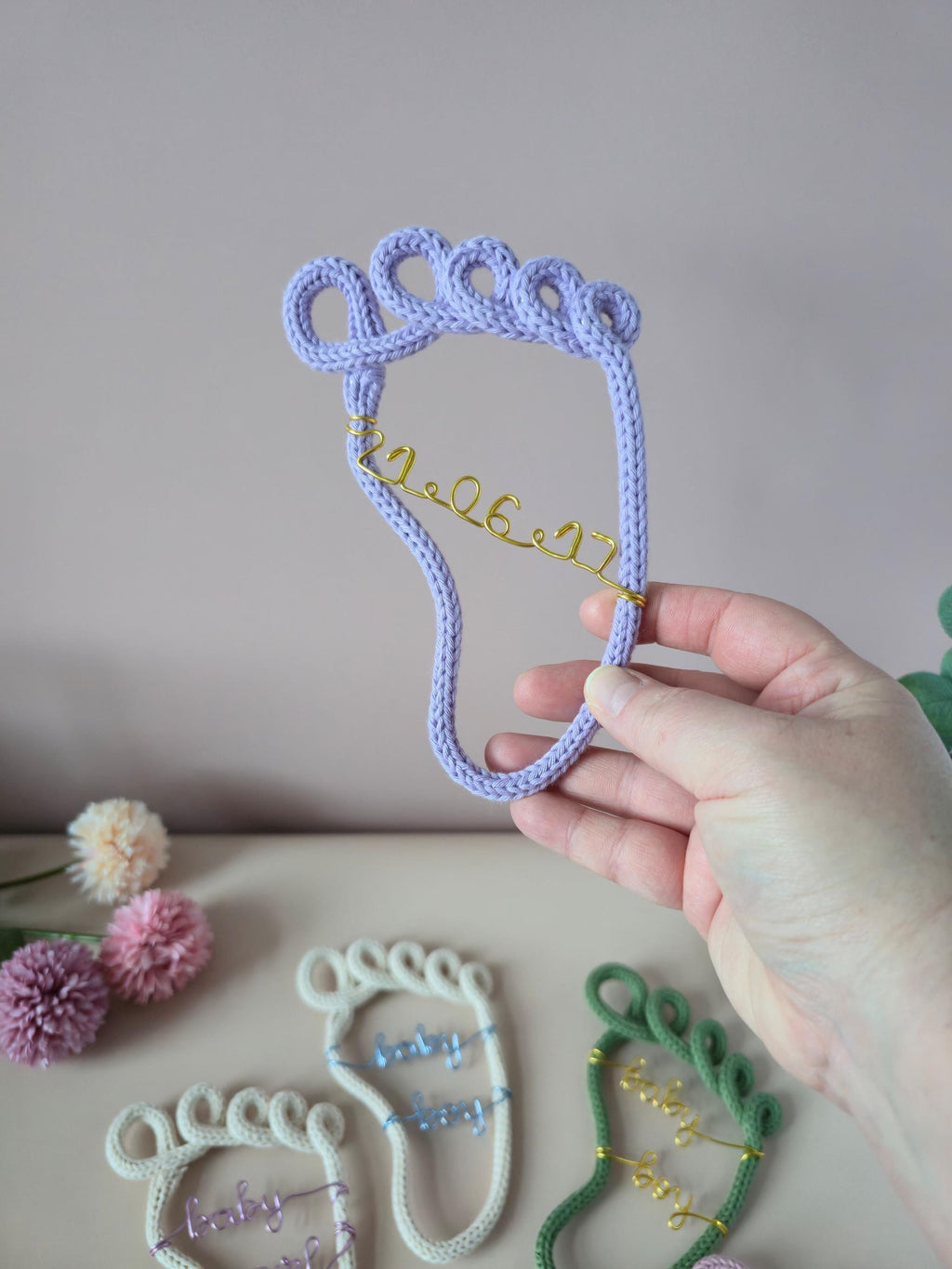 Handmade knitted wire baby name footprint sign by CraftyBabs