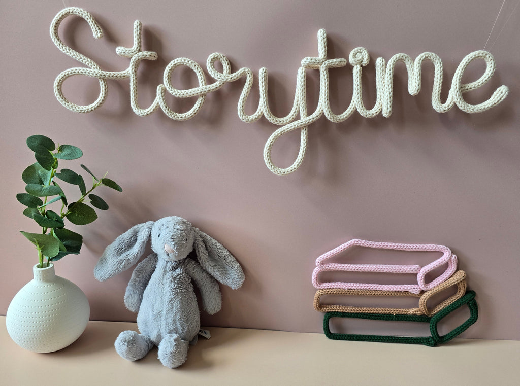 Handmade knitted wire book stack available in custom colour combinations