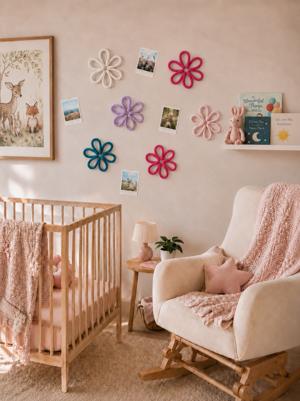 Nursery room with crib, rocking chair, and decorative wall art.