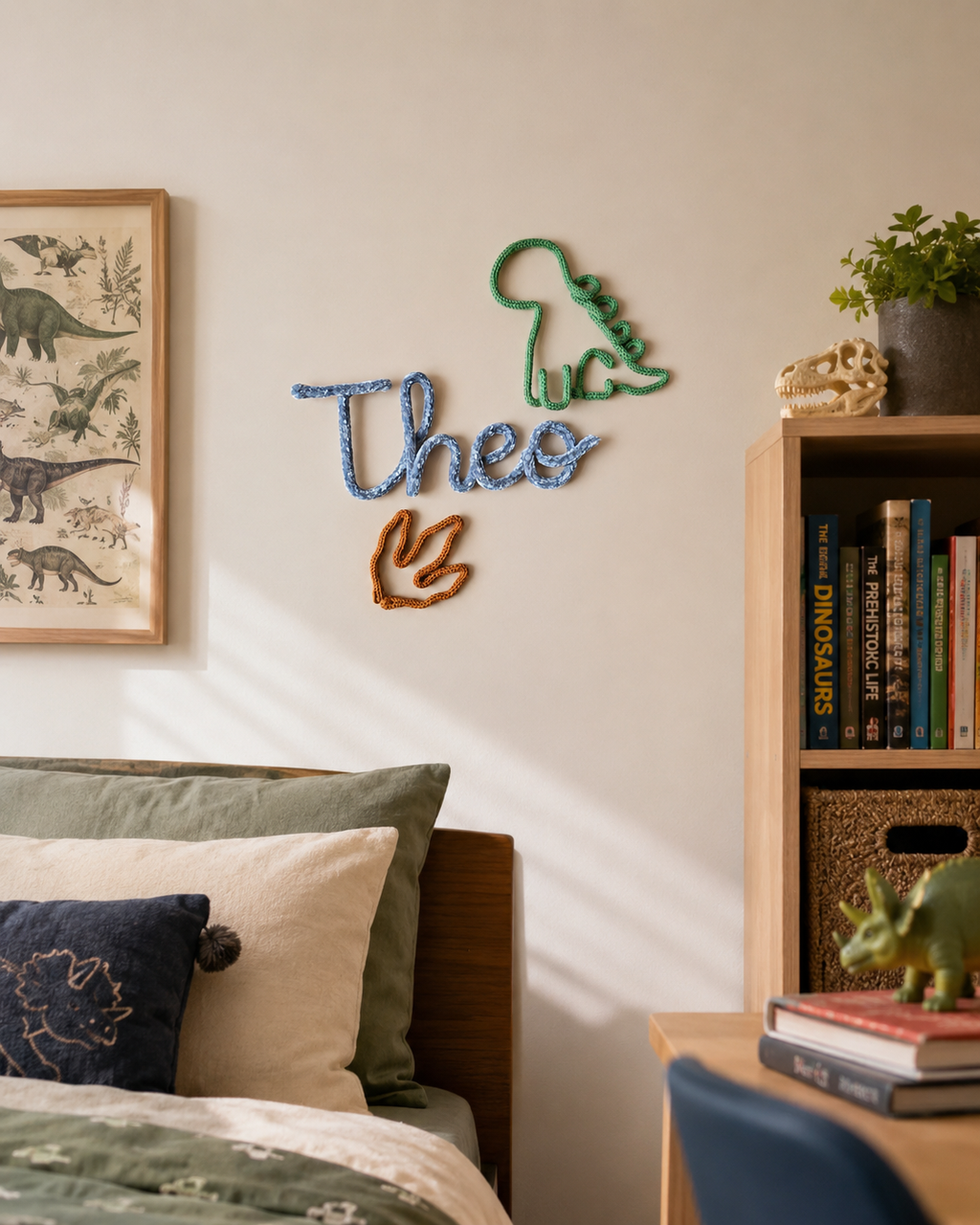 Children's room with dinosaur-themed decor, including a name sign and framed pictures.