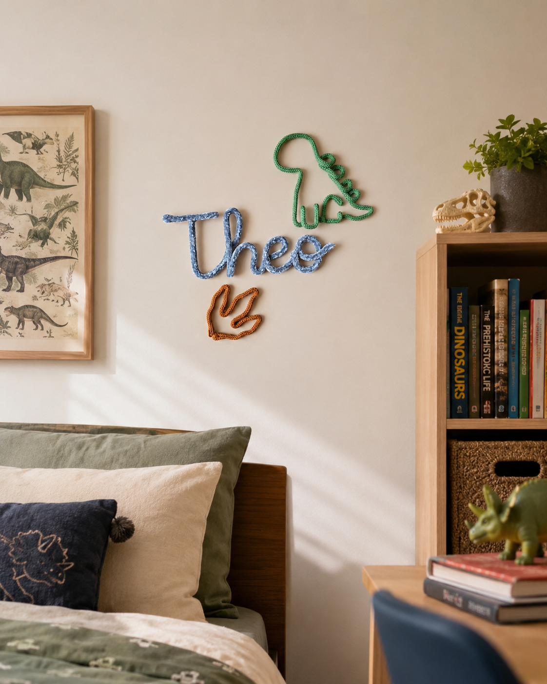 Children's room with dinosaur-themed decor, including a name sign and framed pictures.