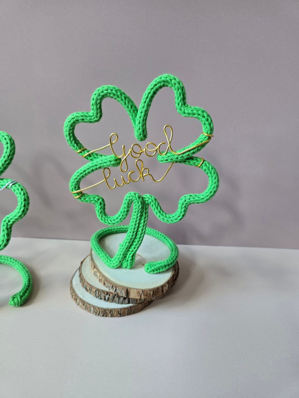 Good Luck clover decoration handmade from knitted wire in green shades