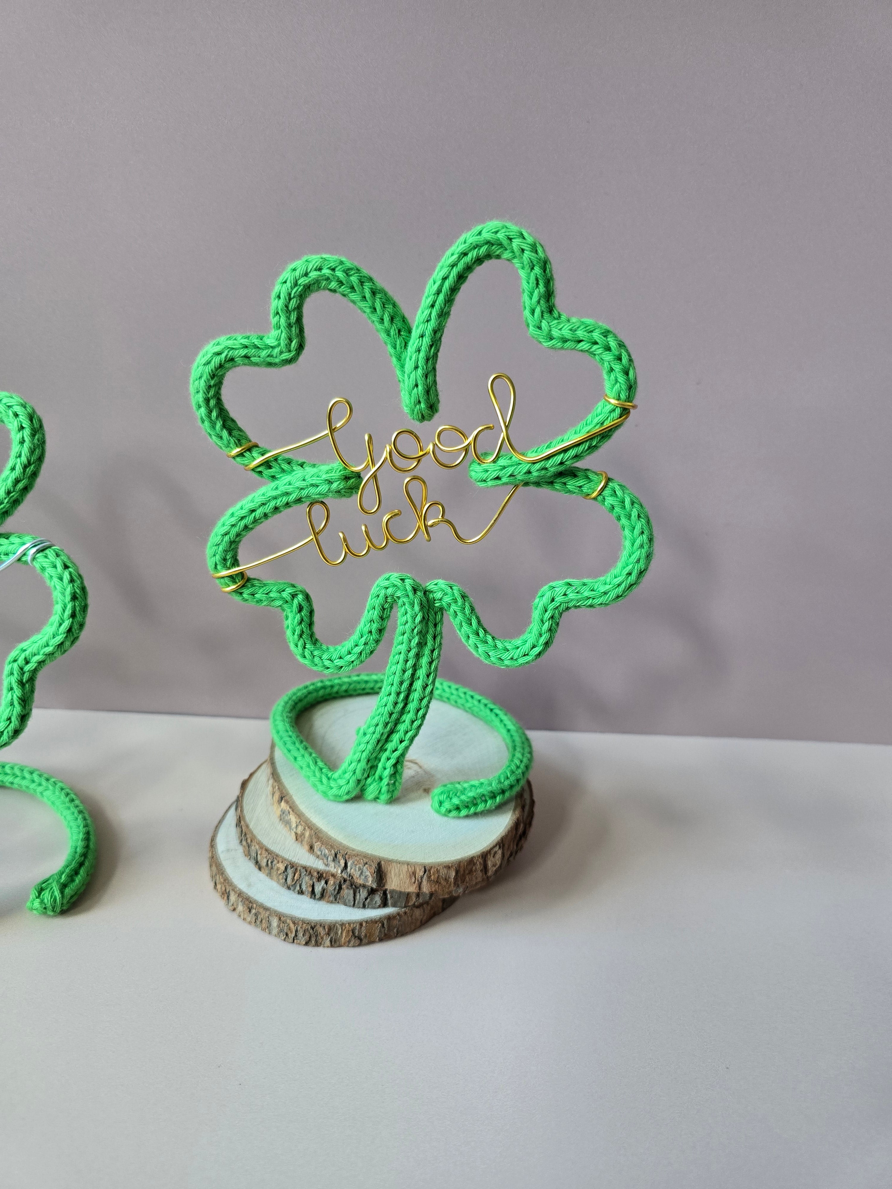 Good Luck clover decoration handmade from knitted wire in green shades