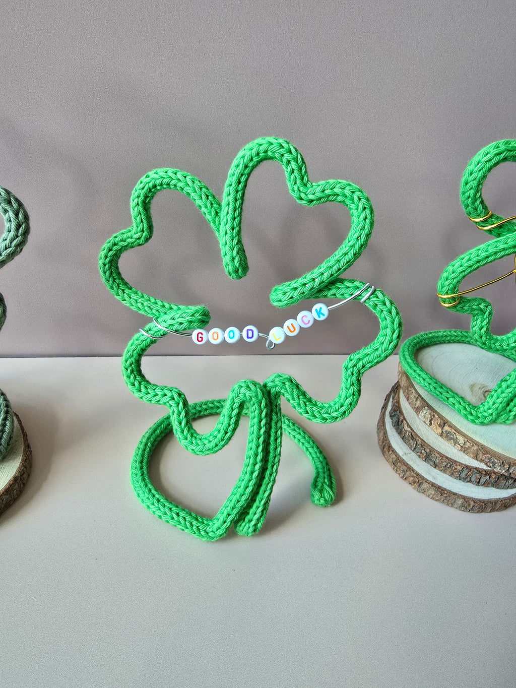 Handmade knitted wire lucky clover decor with plain, beaded and wire wording options