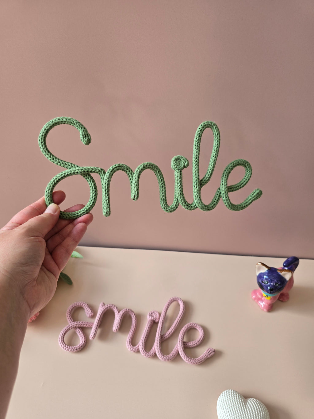 Handmade Smile knitted wire sign in sage