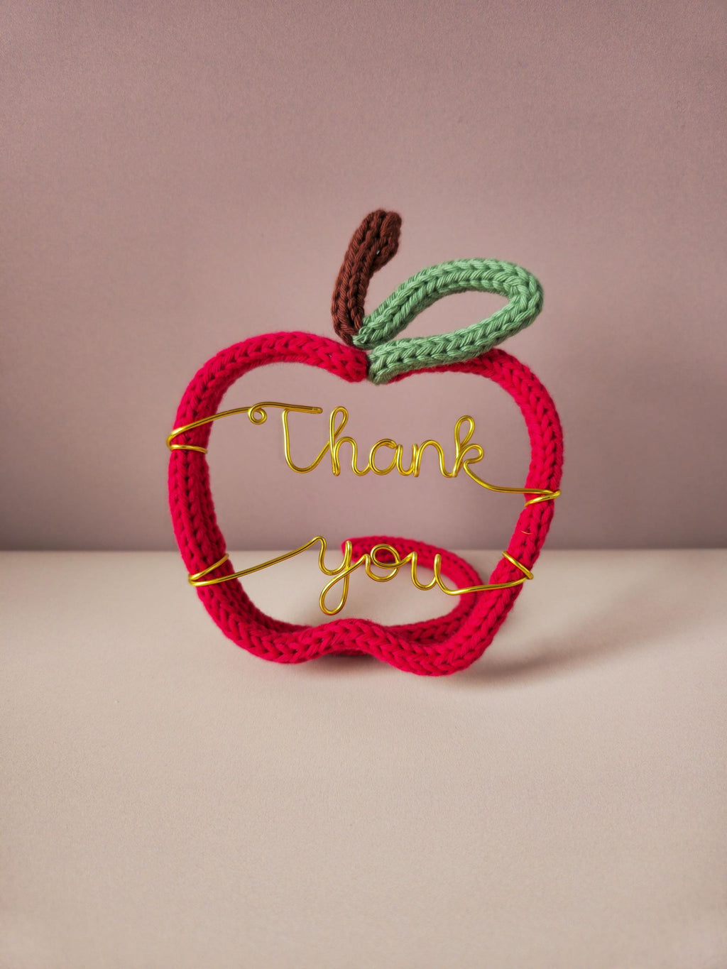 Handmade knitted wire teacher apple gift with Thank You wording