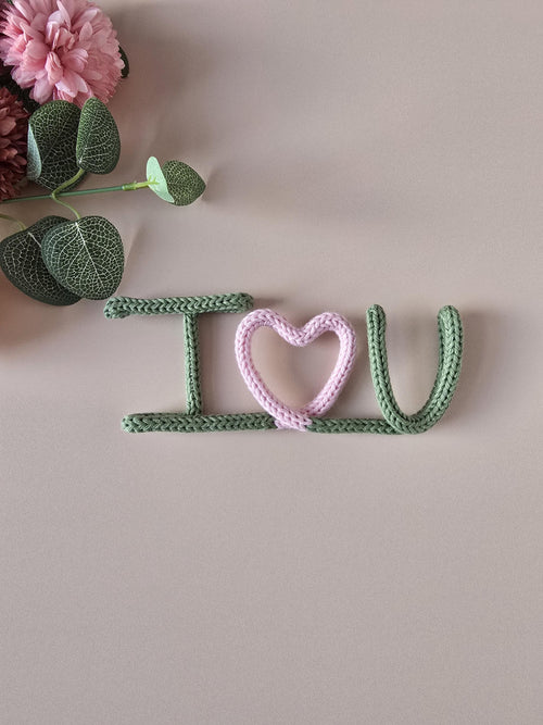 Handmade knitted wire I Love You sign with heart detail