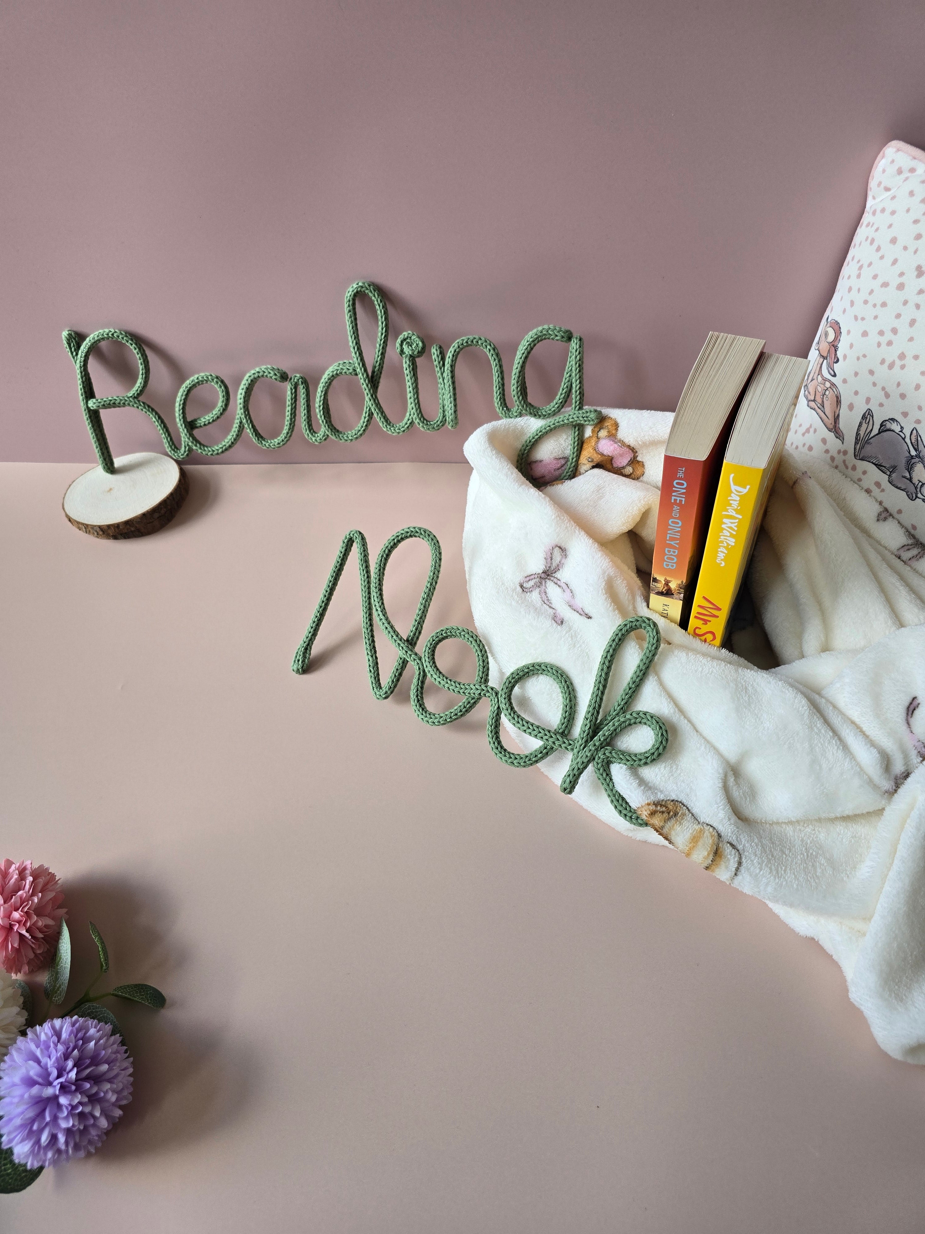 Handmade knitted wire Reading Nook wall words for a book corner