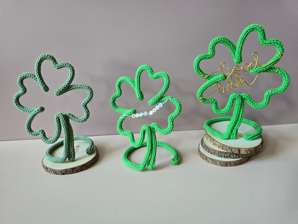 Handmade knitted wire lucky clover decorations in plain, beaded Good Luck and wire Good Luck styles