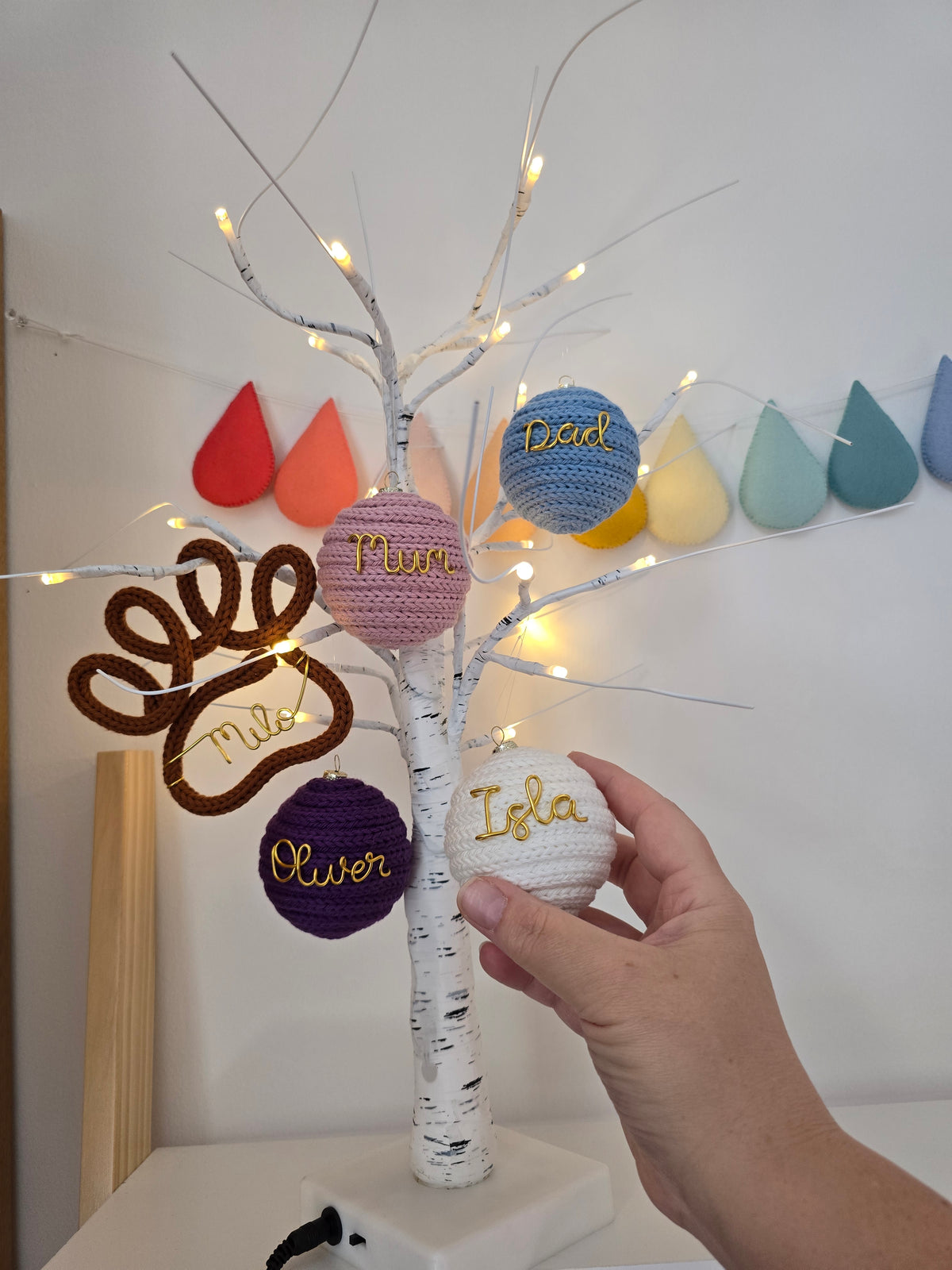 Personalised I-Cord Christmas Bauble with Gold Wire Name