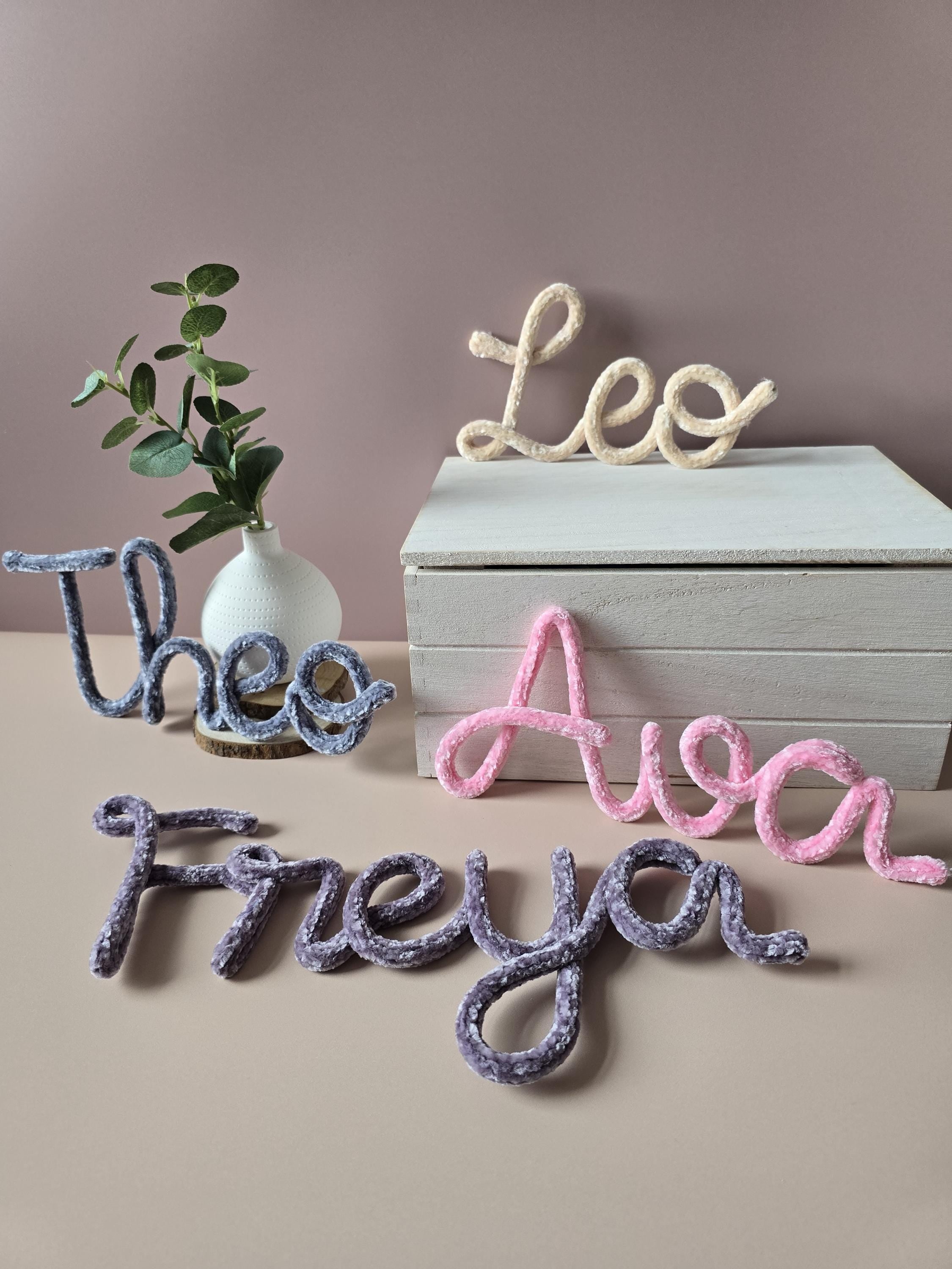 Personalised velvet knitted wire name signs in different colours