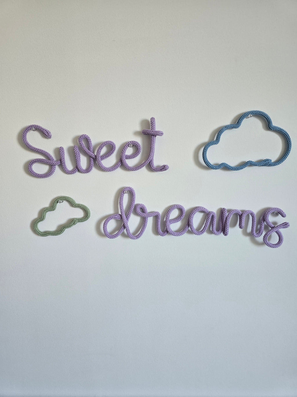 Handmade Sweet dreams knitted wire nursery wall sign with cloud decoration