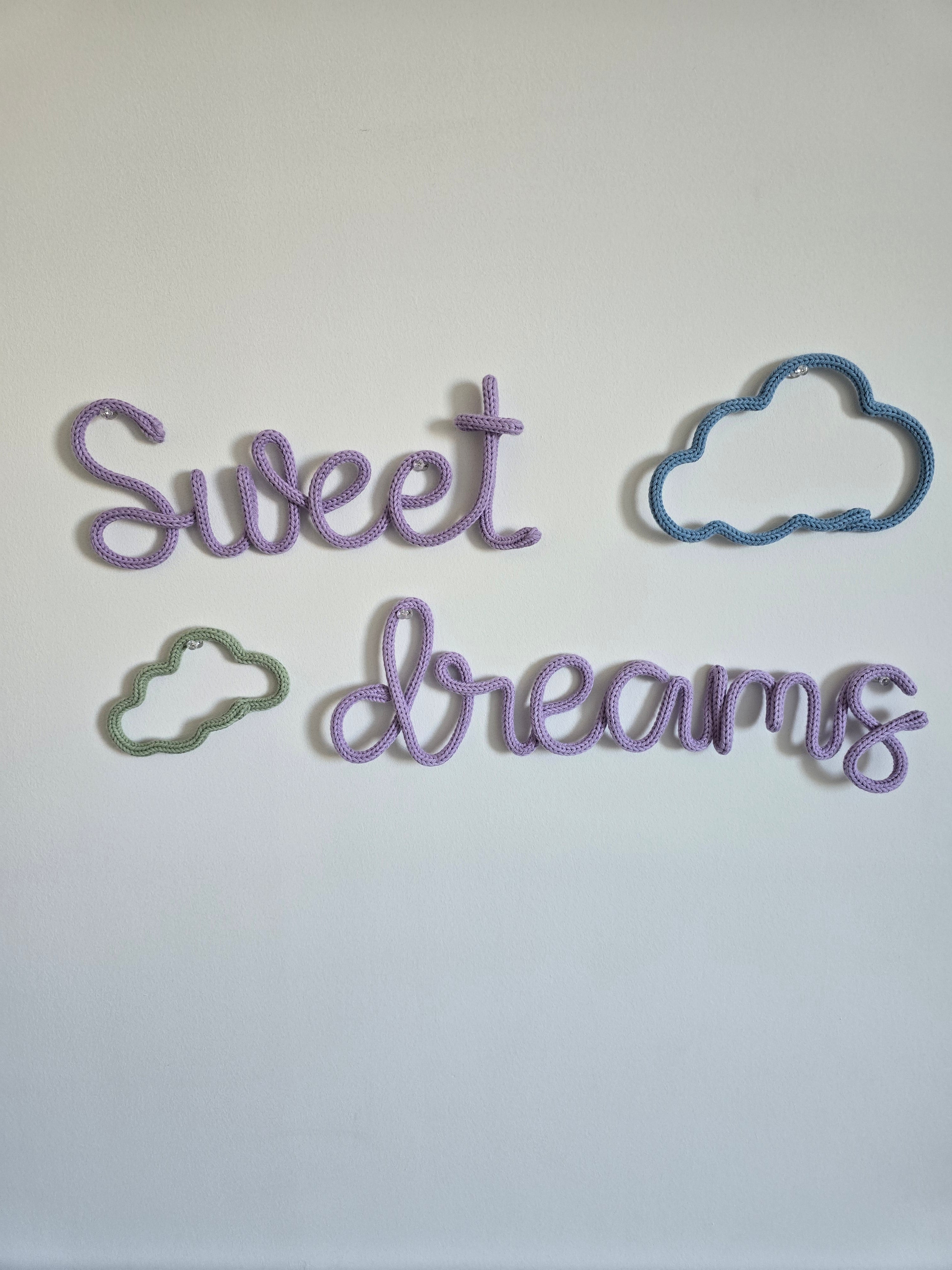 Handmade Sweet dreams knitted wire nursery wall sign with cloud decoration