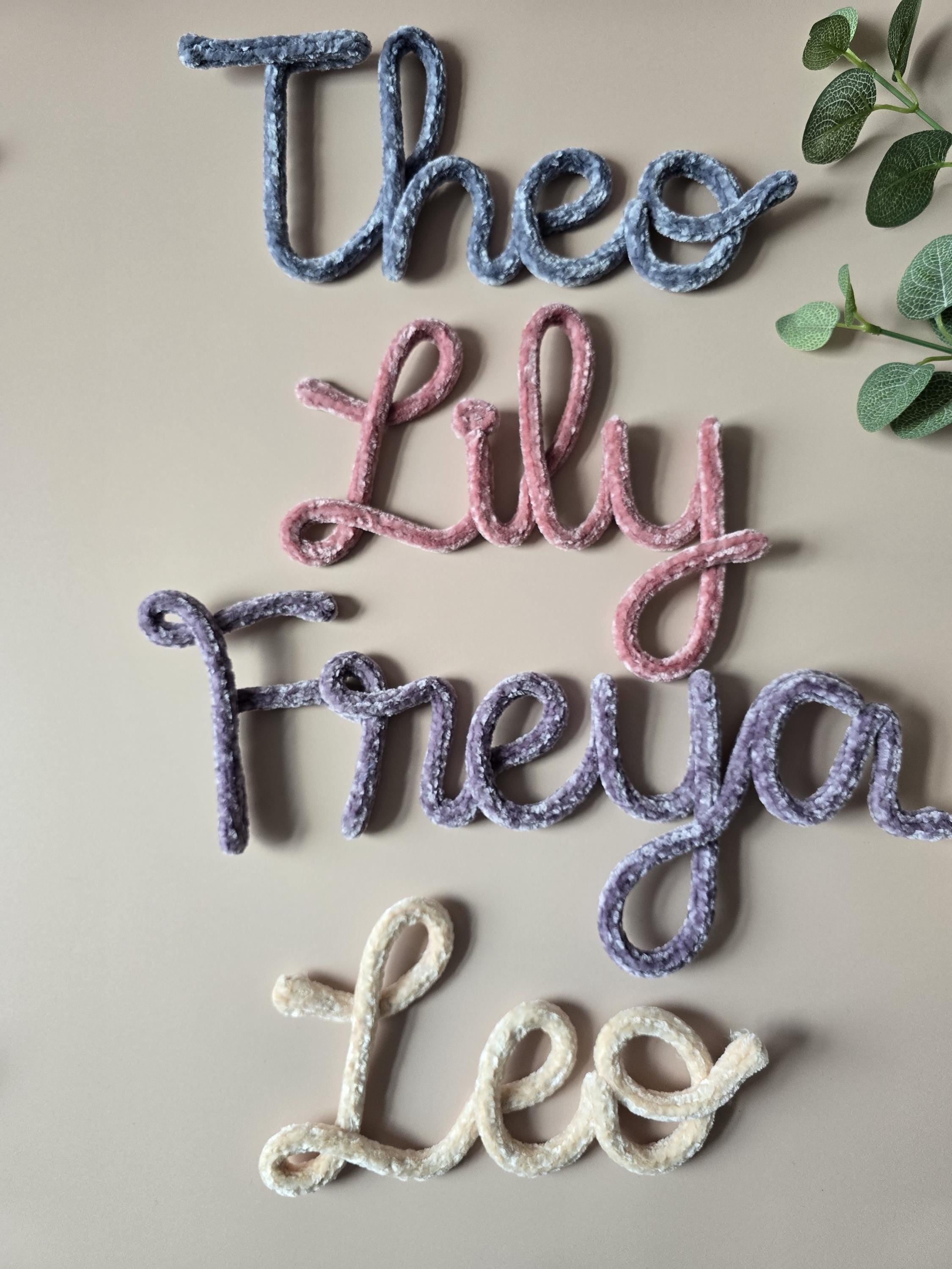 Velvet knitted wire name signs showing different name and colour examples