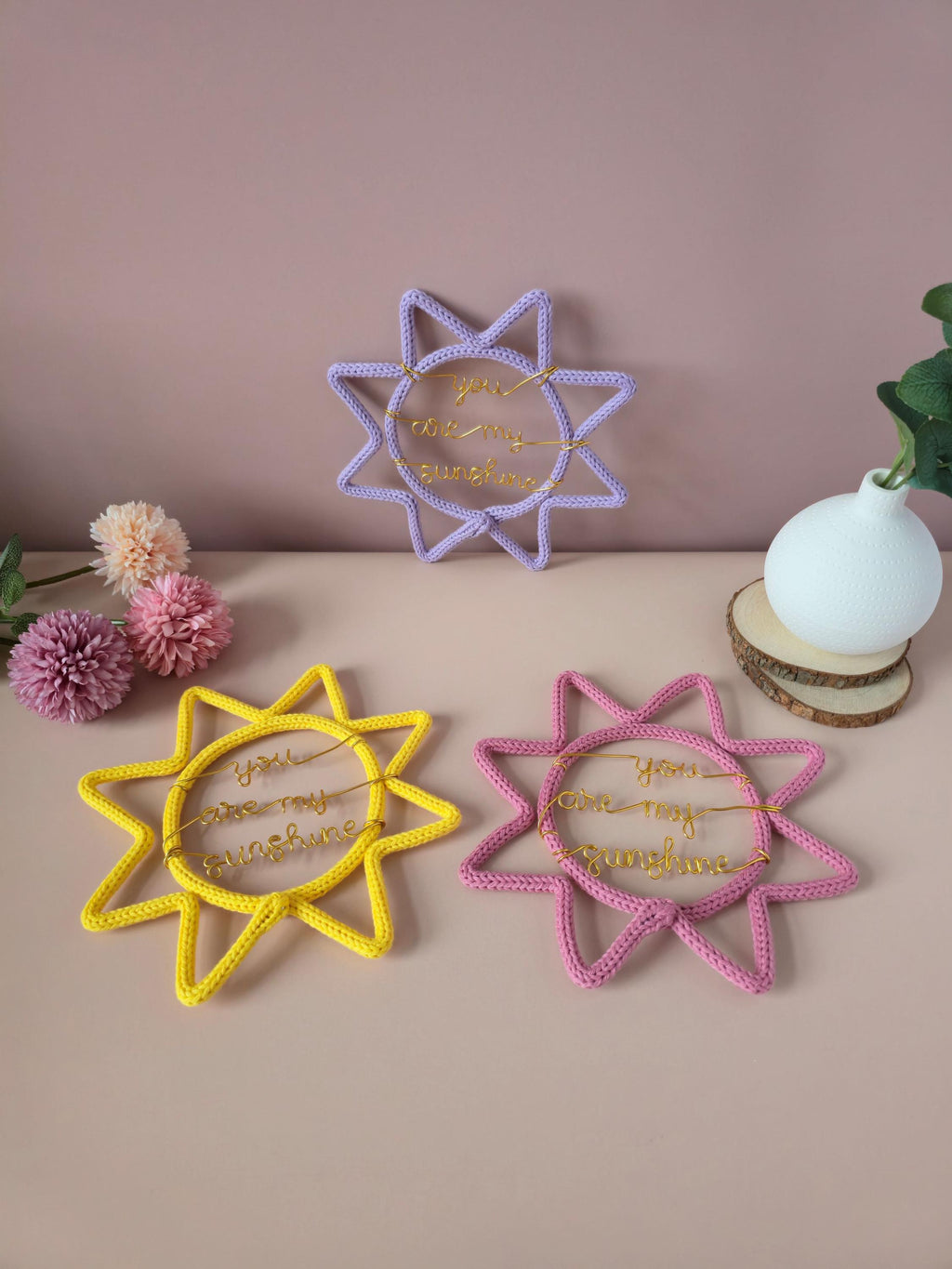 Colour options for handmade knitted wire You Are My Sunshine nursery sign